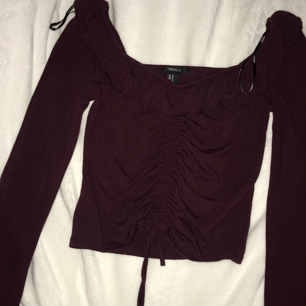 Cropped burgundy off the shoulder long sleeve top